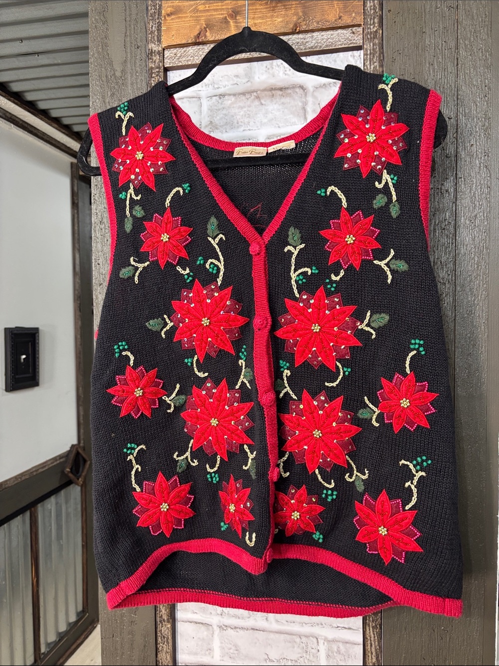 Vintage Bobbie Brooks Black Sweater Vest with Red Poinsettia Embroidery XL